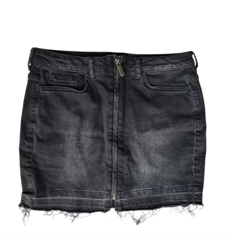 Black Mini Denim Front Zipper Skirt Distressed Raw Hem Anti Blue Women Sz Large